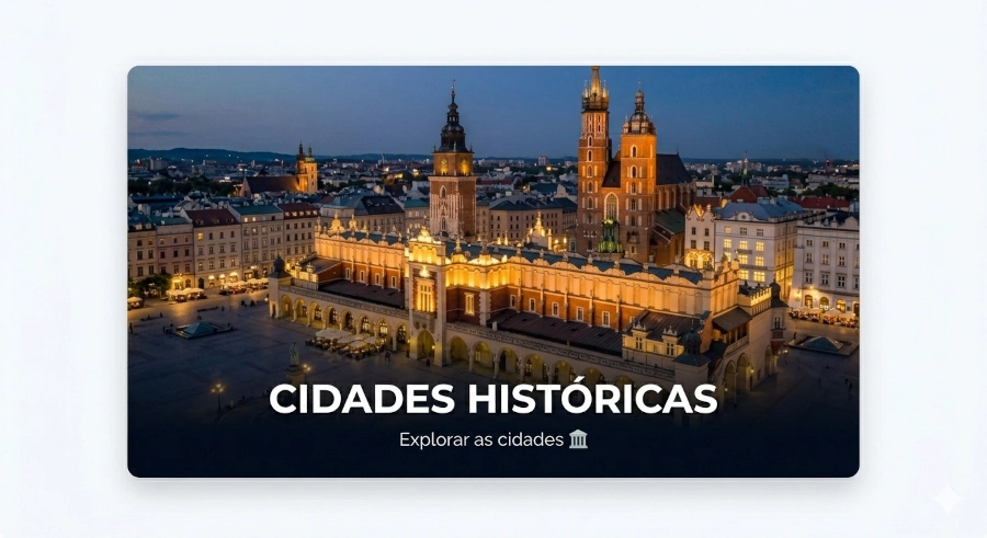 Vista aérea da Praça do Mercado de Cracóvia à noite com o pano de fundo da Basílica de Santa Maria.