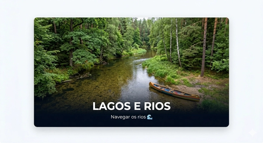 Rio cristalino fluindo através de uma floresta densa com um caiaque ancorado na margem.